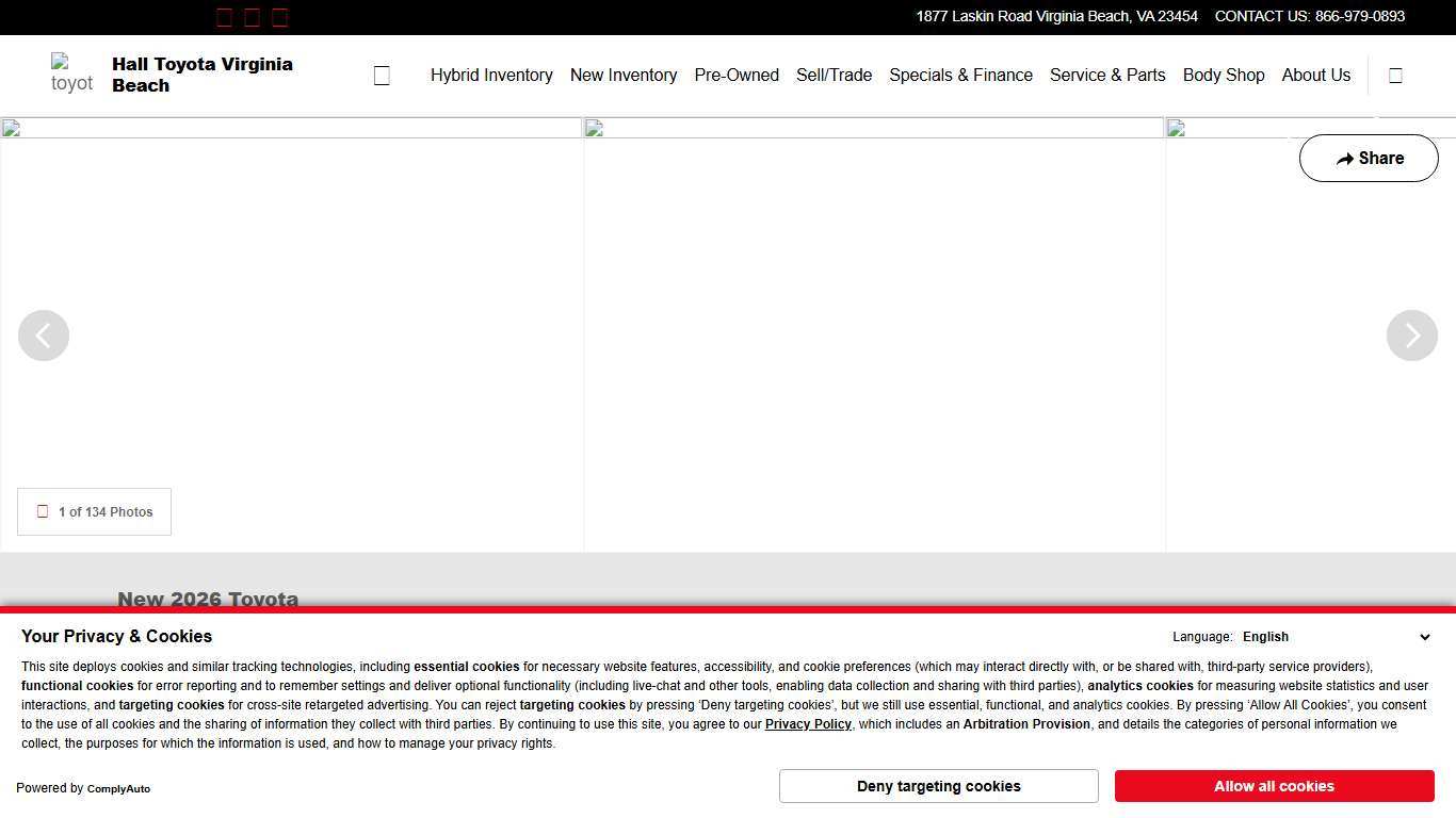 New 2026 Toyota Camry For Sale at Hall Toyota Virginia Beach VIN: 4T1DAACK9TU232364